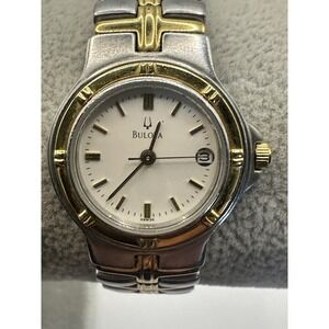 Bulova Watch Women 24mm 7"‎ White Dial Two Tone Date Round 98M36 New Battery V